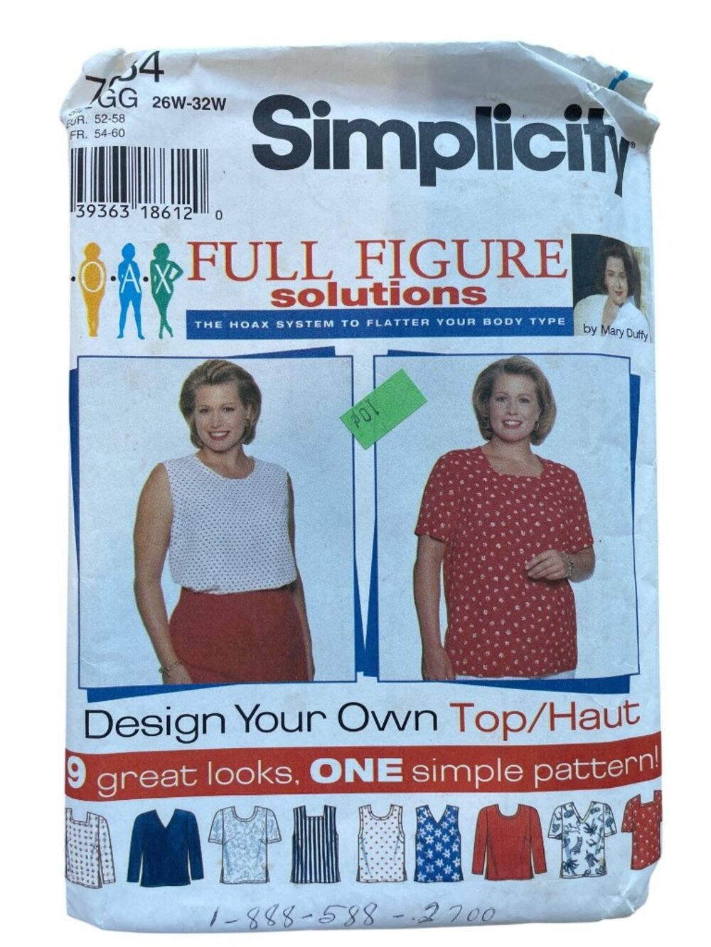 90s Simplicity 7034 Sewing Pattern Size 26W-32W Full Figure Solutions Tops UNCUT